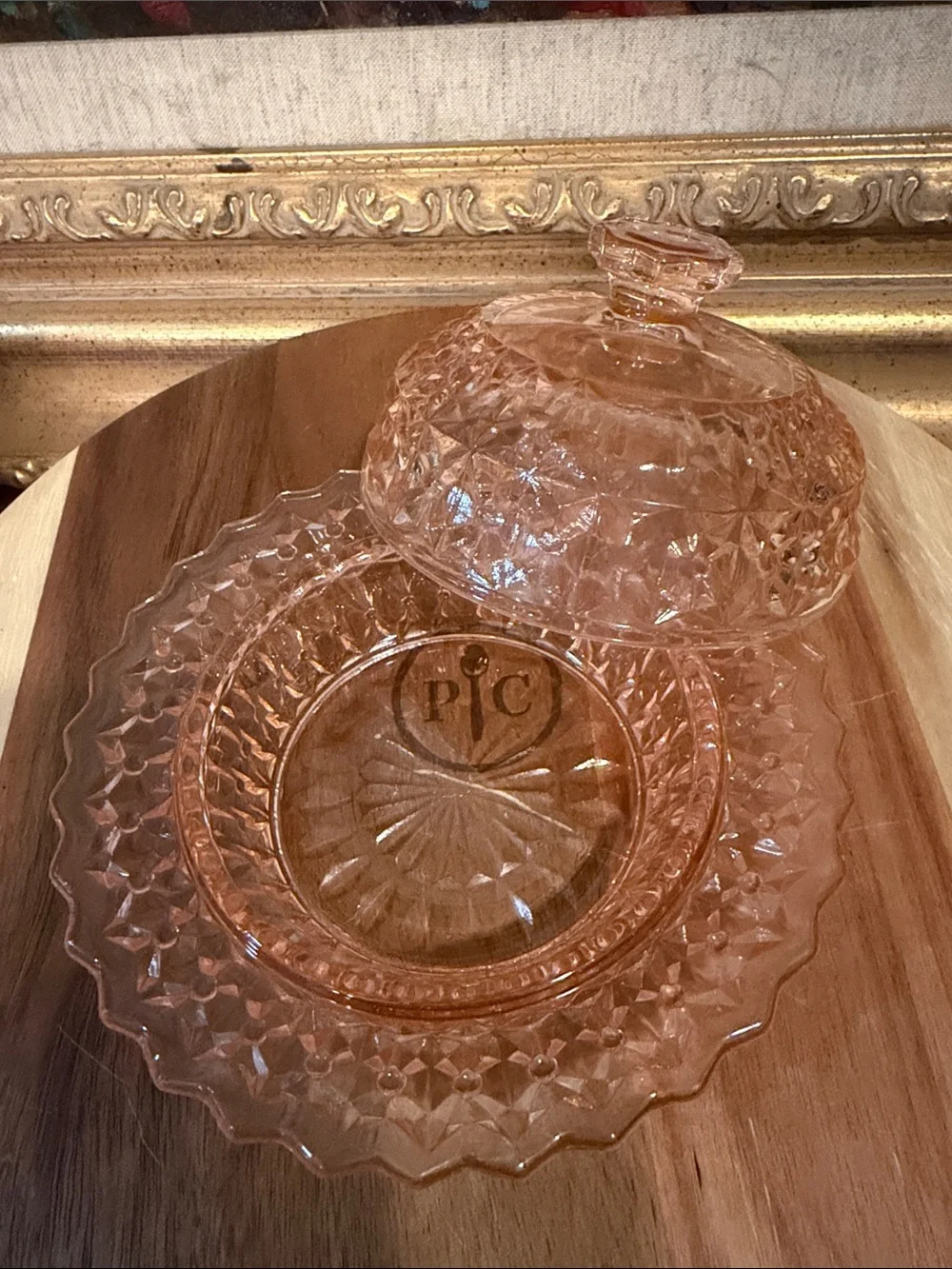Vintage Pressed Glass Covered Butter Dish in Jeanette Pink